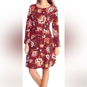 Old Navy Burgundy Floral Long Bell Sleeve Fit & Flare A-line Mini Dress  size 12